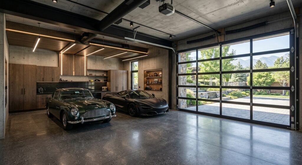 Desain Garasi Dalam dengan Glass Garage Door Mewah