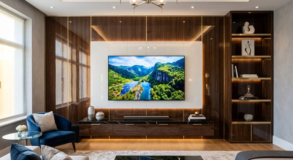 Desain Backdrop TV Mewah dengan High Gloss Panel