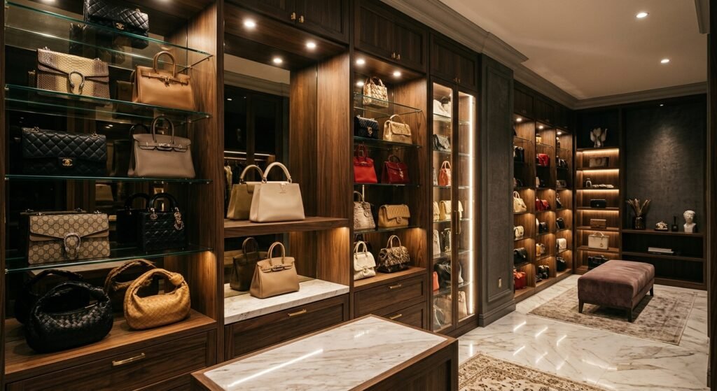 Desain Storage Koleksi Tas Mewah dengan Lighting Spot