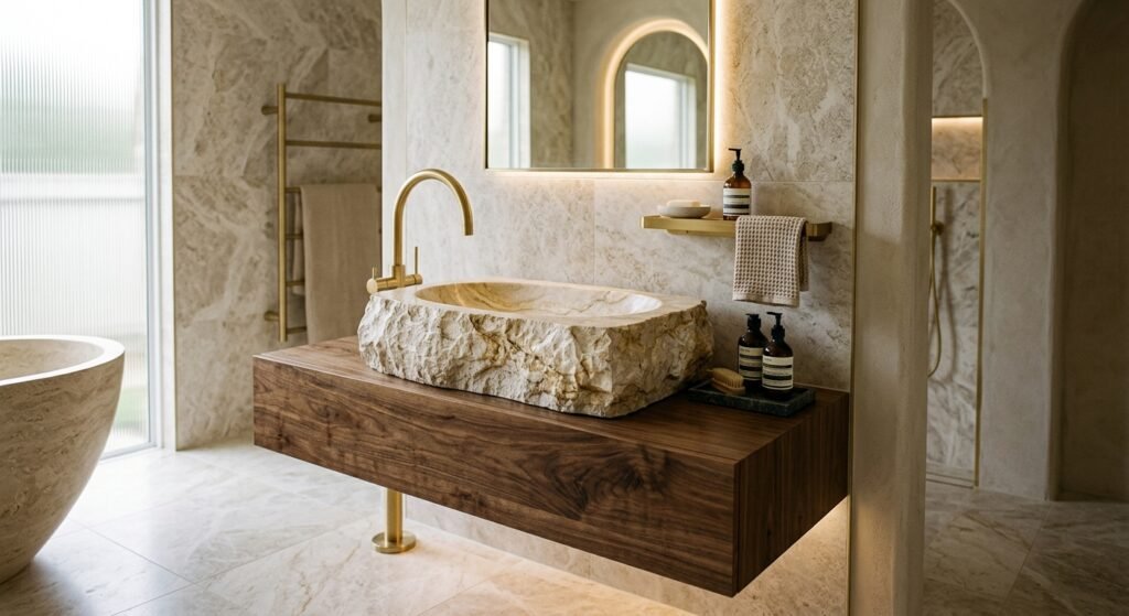 Desain Washtafel Custom Stone untuk Kamar Mandi Mewah