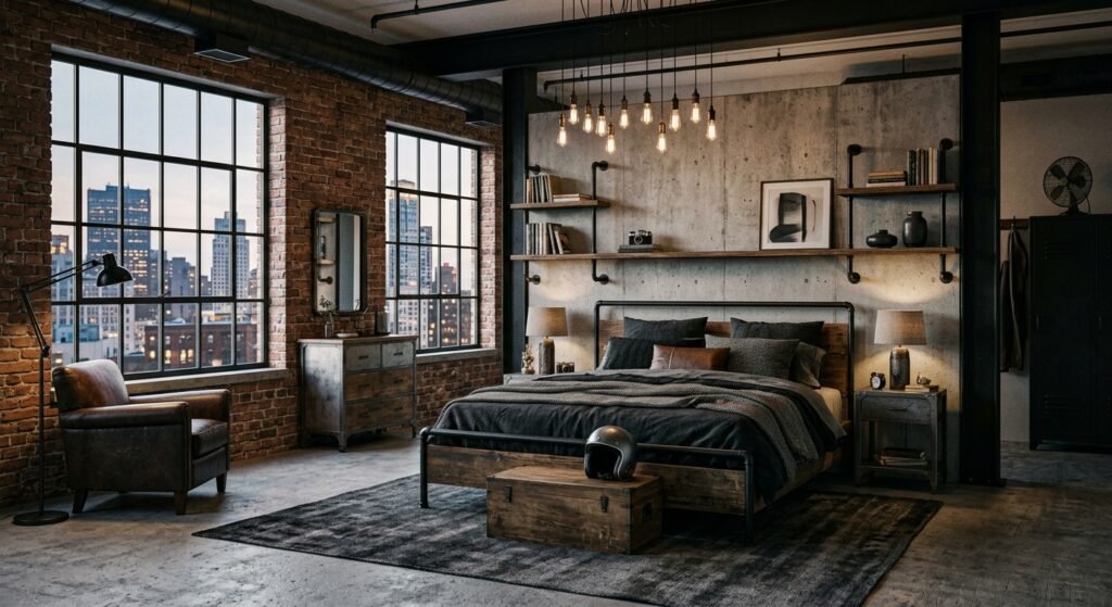 Desain Kamar Tidur Gaya Loft Industrial yang Maskulin