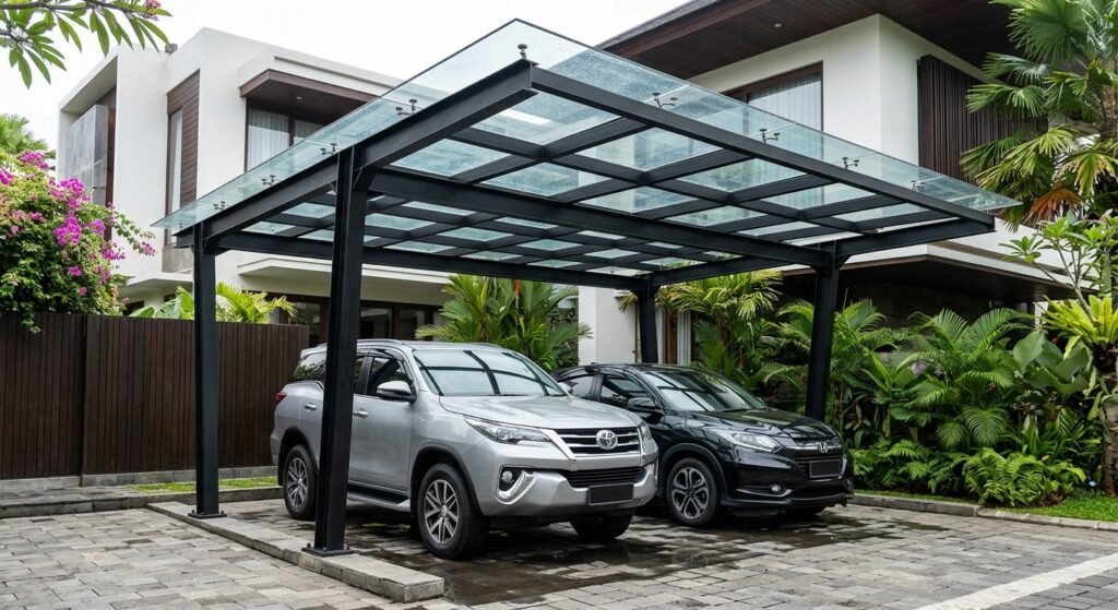Inspirasi Canopy Carport Kaca Tempered dan Besi Hollow