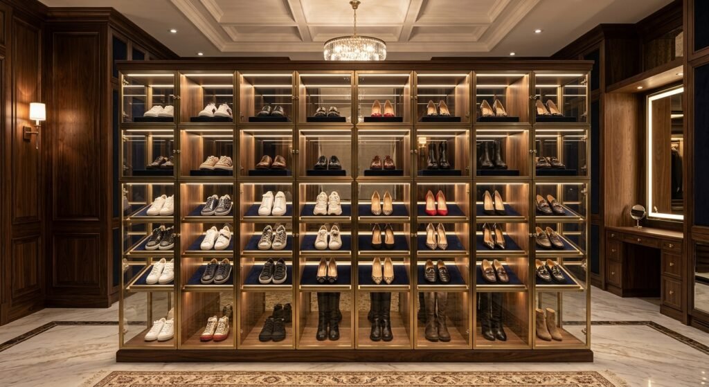Desain Storage Sepatu Kaca Display Mewah Berlampu