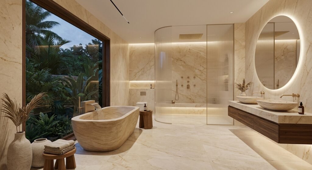 Inspirasi Desain Kamar Mandi Mewah Dinding Marmer