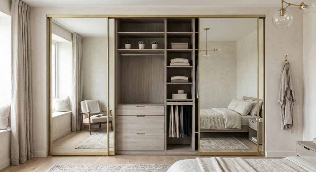 Desain Wardrobe Pintu Geser Kaca Cermin Hemat Ruang