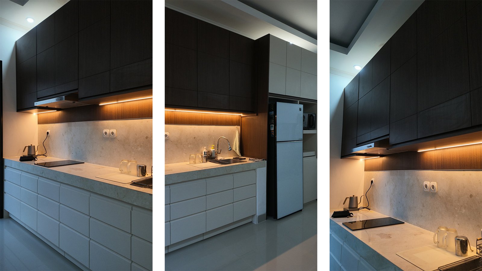 Penataan kabinet dapur, area kerja, dan penyimpanan pada kitchen set New Raj Signature